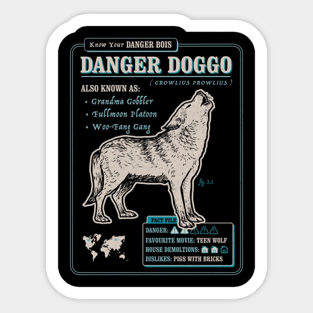 Funny Wolf Fact File - Danger Doggo Sticker by dumbshirts